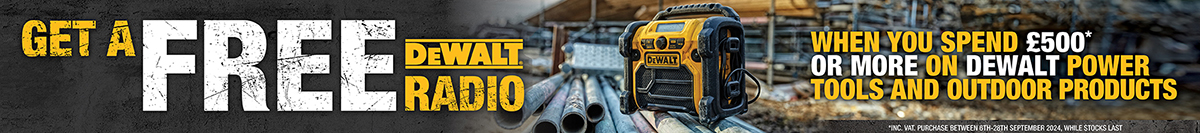 Get a FREE Dewalt radio when you spend 500inc or more on Dewalt Power tools